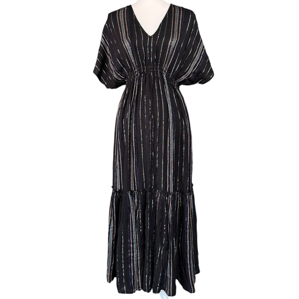 Elan Black Metallic Striped Boho Maxi Dress Small V-Neck Tiered Ruffle CTS5750